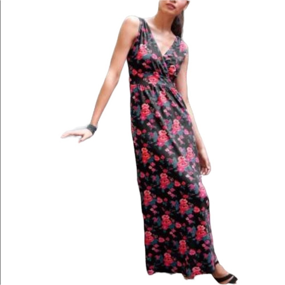 Garnet Hill Red & Black Rose Floral Sleeveless Maxi Dress Cotton Blend Sz 2P